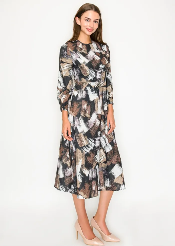 Black long-sleeve abstract brushstroke midi dress