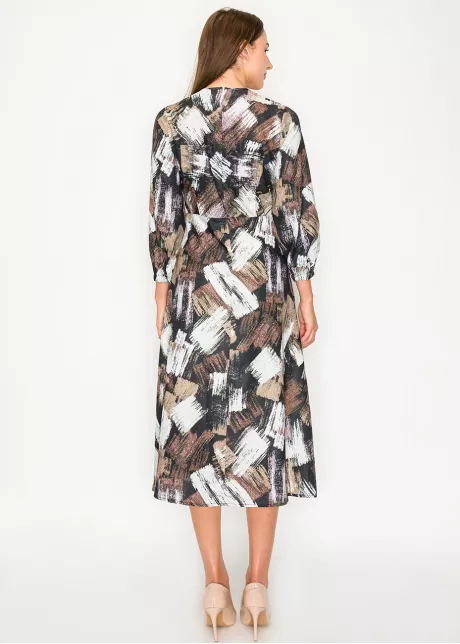 Black long-sleeve abstract brushstroke midi dress