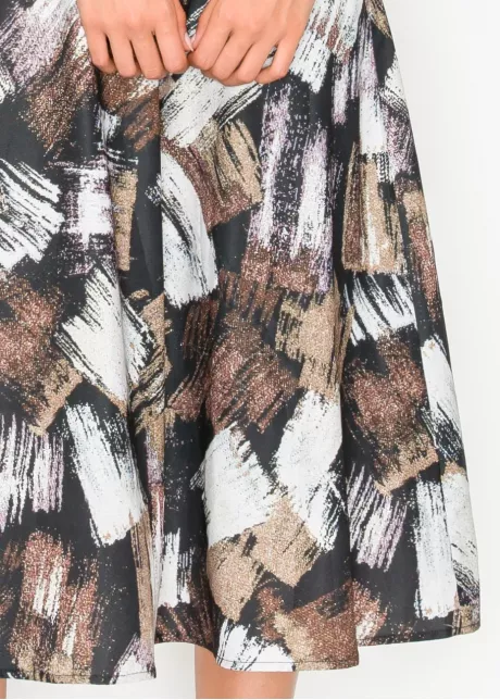 Black long-sleeve abstract brushstroke midi dress