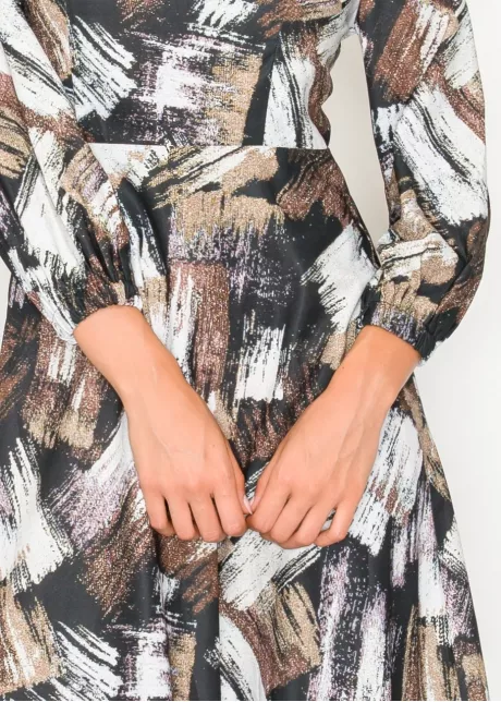 Black long-sleeve abstract brushstroke midi dress