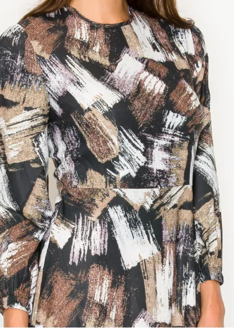Black long-sleeve abstract brushstroke midi dress