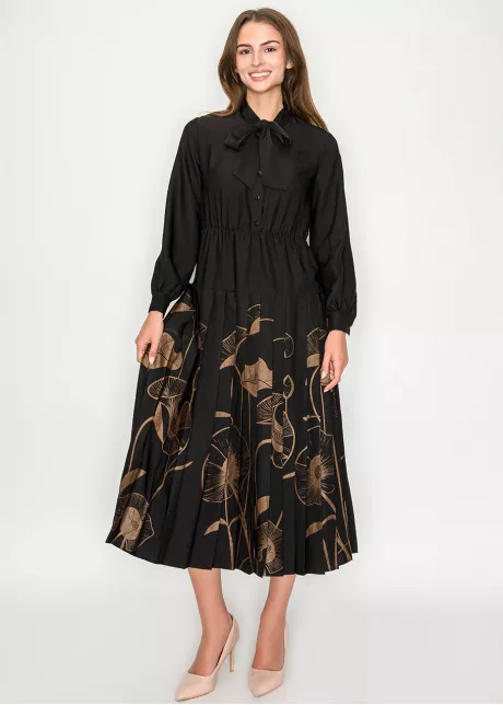 Black Midi Dress with Pleated Floral Detail
