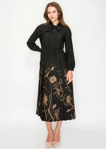 Black Midi Dress with Pleated Floral Detail