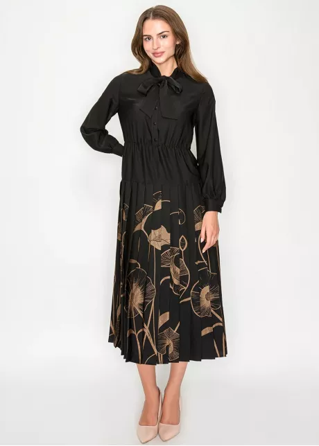 Black Midi Dress with Pleated Floral Detail