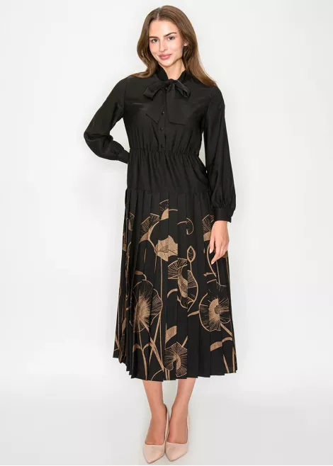 Black Midi Dress with Pleated Floral Detail Black Midi Dress with Pleated Floral Detail