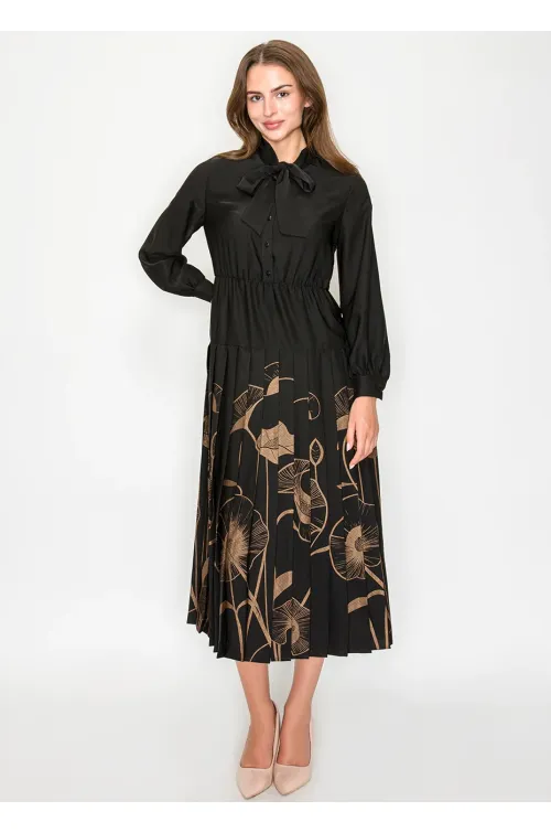 Black Midi Dress with Pleated Floral Detail