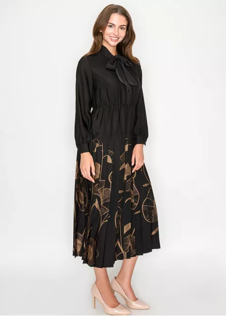 Black Midi Dress with Pleated Floral Detail