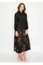 Black Midi Dress with Pleated Floral Detail