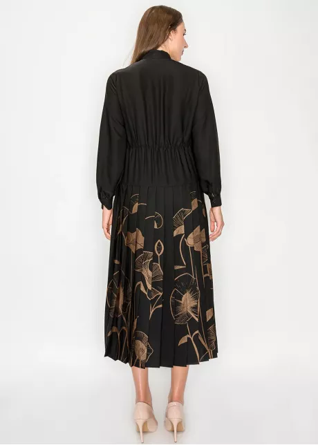 Black Midi Dress with Pleated Floral Detail