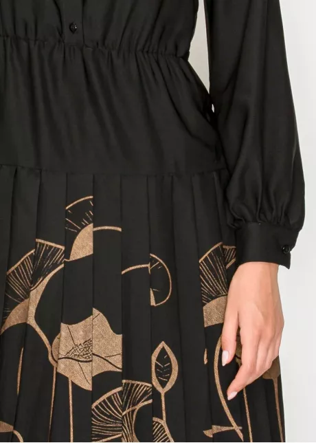 Black Midi Dress with Pleated Floral Detail