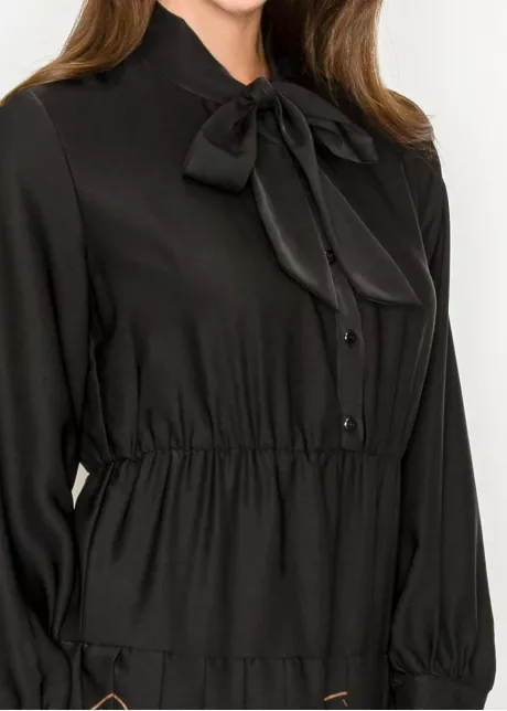 Black Midi Dress with Pleated Floral Detail