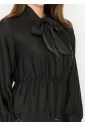 Black Midi Dress with Pleated Floral Detail