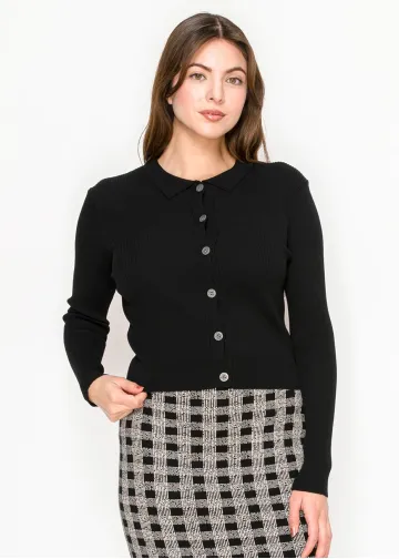 Black Button-Front Cardigan with Collar