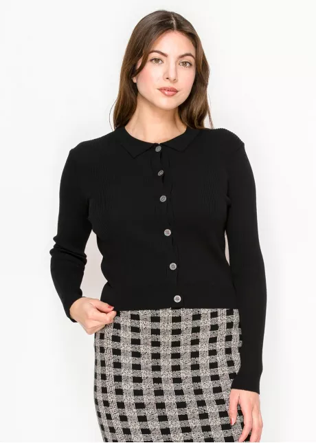 Black Button-Front Cardigan with Collar