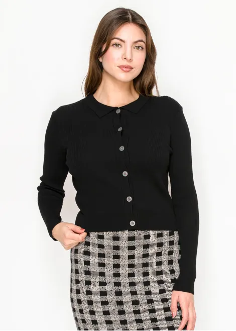 Black Button-Front Cardigan with Collar