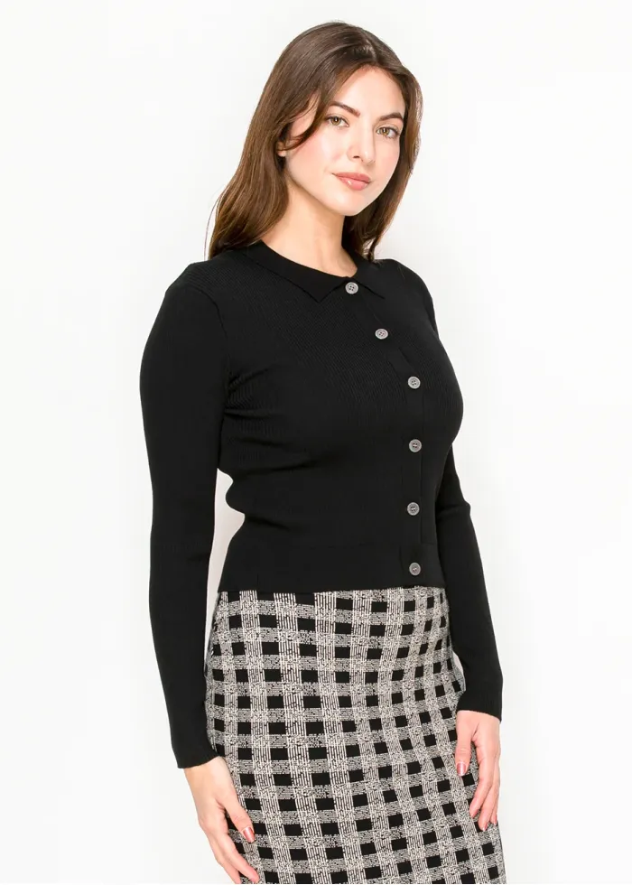Black Button-Front Cardigan with Collar