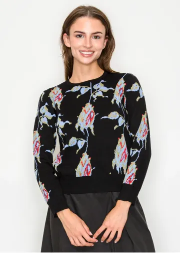 Black Floral Jacquard Knit Sweater