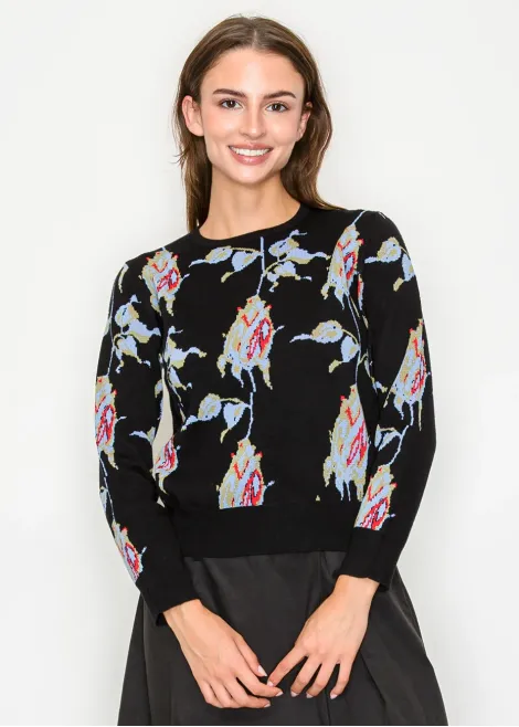 Black Floral Jacquard Knit Sweater