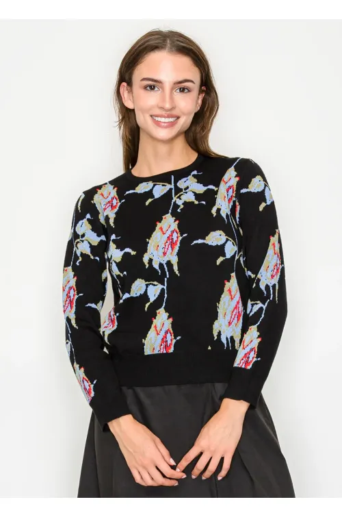 Black Floral Jacquard Knit Sweater