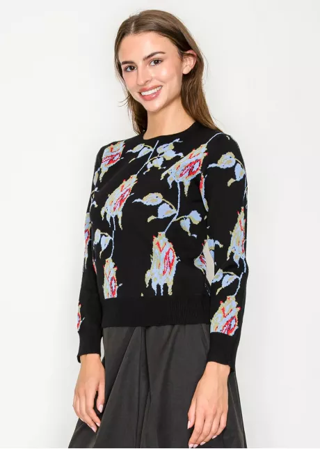Black Floral Jacquard Knit Sweater