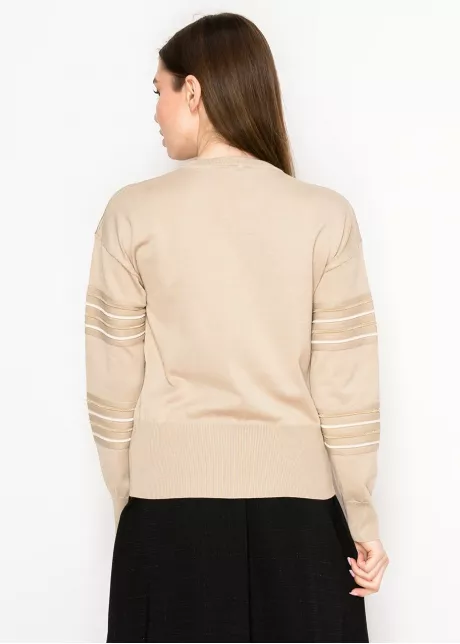 Sand Beige Sweater with Lurex Stripe Sleeves