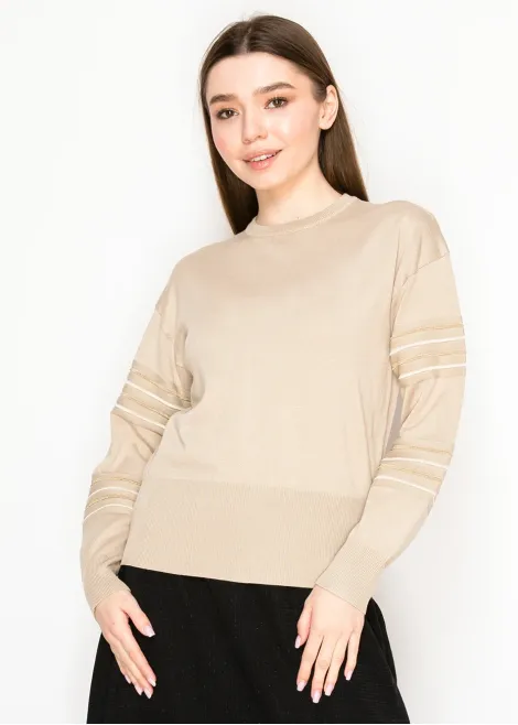 Sand Beige Sweater with Lurex Stripe Sleeves