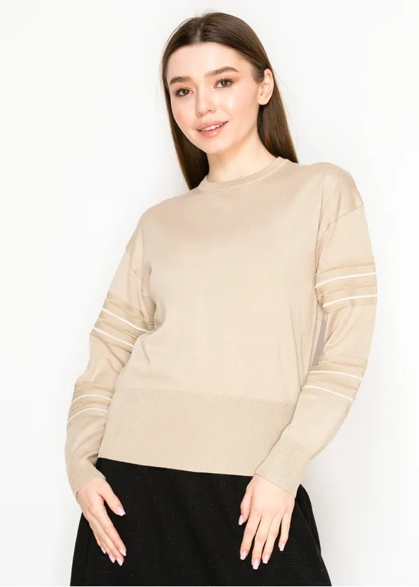 Sand Beige Sweater with Lurex Stripe Sleeves