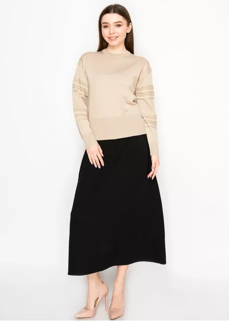 Sand Beige Sweater with Lurex Stripe Sleeves