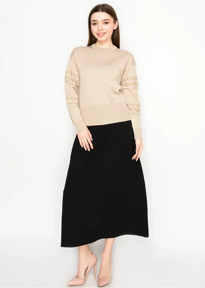 Sand Beige Sweater with Lurex Stripe Sleeves