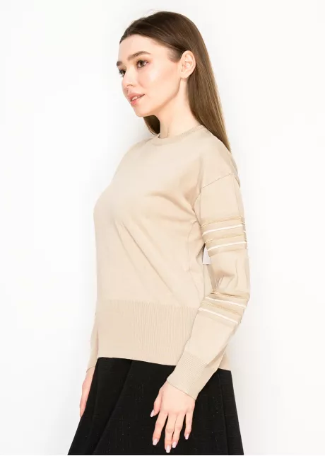Sand Beige Sweater with Lurex Stripe Sleeves