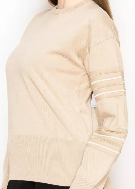 Sand Beige Sweater with Lurex Stripe Sleeves