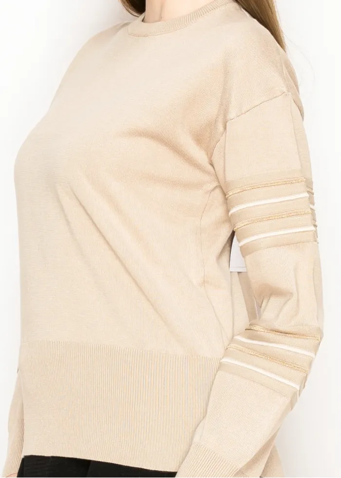Sand Beige Sweater with Lurex Stripe Sleeves