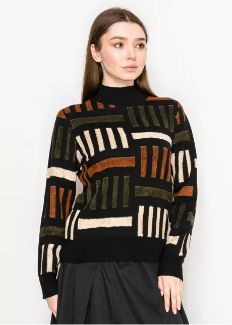 Black Geometric Knit Mock Neck Sweater