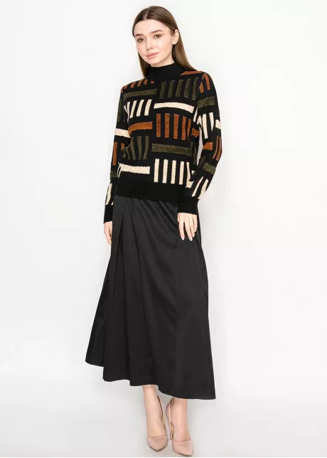 Black Geometric Knit Mock Neck Sweater