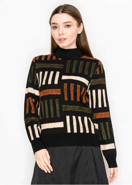 Black Geometric Knit Mock Neck Sweater