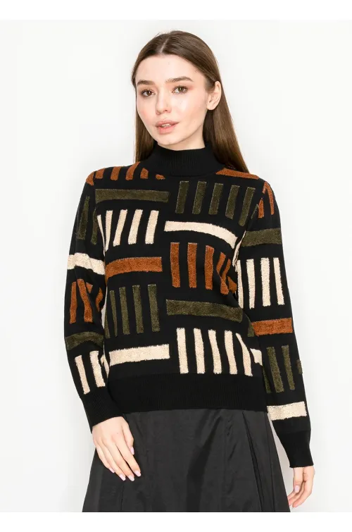 Black Geometric Knit Mock Neck Sweater