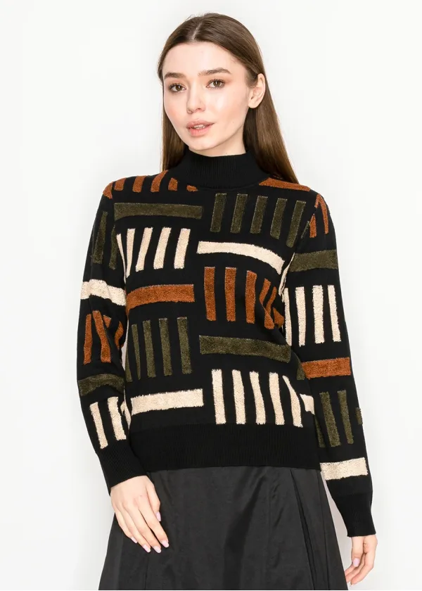 Black Geometric Knit Mock Neck Sweater