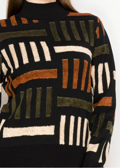 Black Geometric Knit Mock Neck Sweater