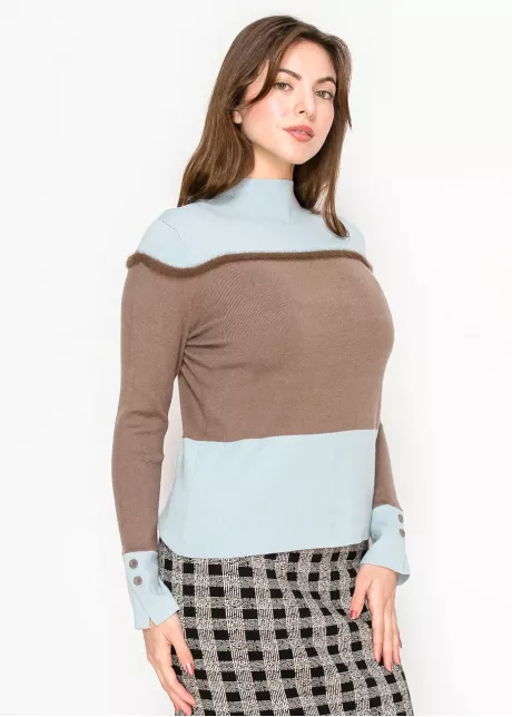 Mock Neck Colorblock Sweater – Blue & Mocha