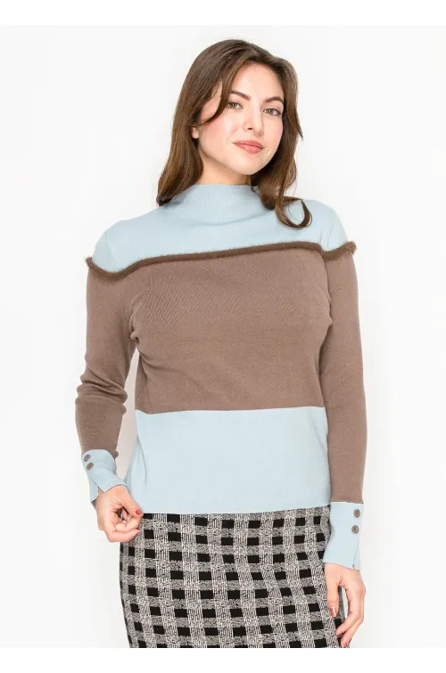 Mock Neck Colorblock Sweater – Blue & Mocha