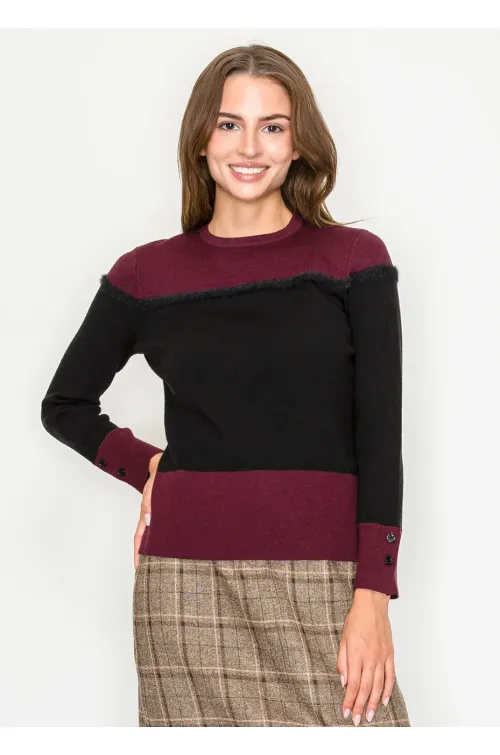 Burgundy and Black Panel Sweater with Trim