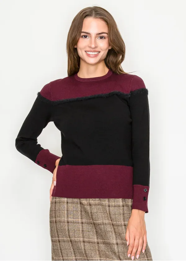 Burgundy and Black Panel Sweater with Trim