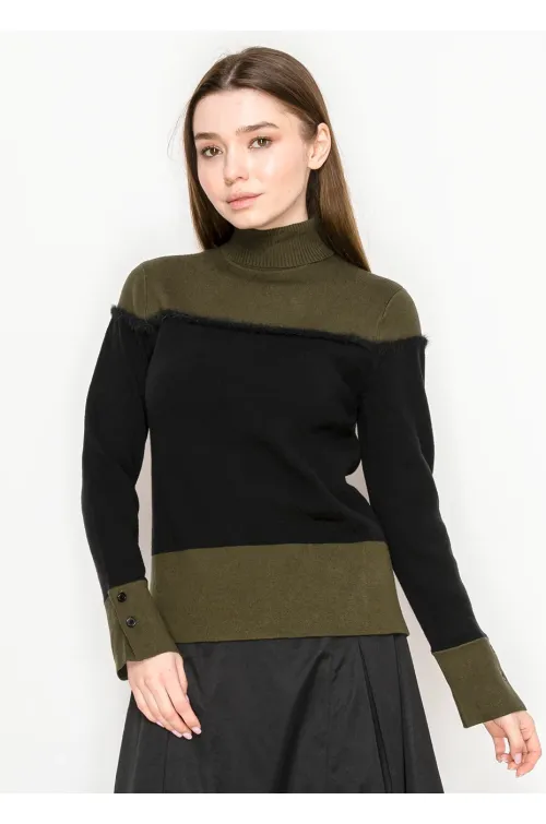 Olive and Black Colorblock Turtleneck Sweater
