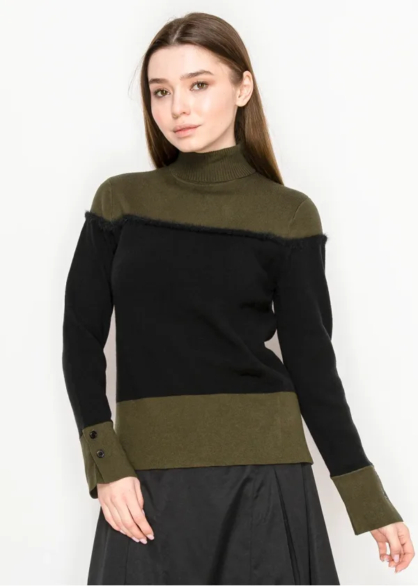 Olive and Black Colorblock Turtleneck Sweater