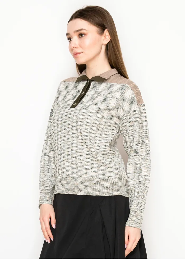 Olive Knit Polo Sweater with Button Placket
