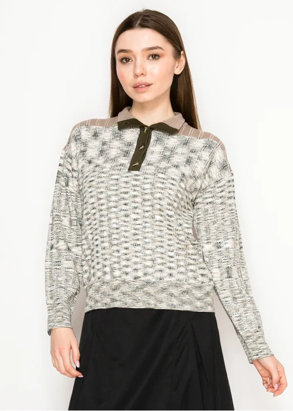 Olive Knit Polo Sweater with Button Placket