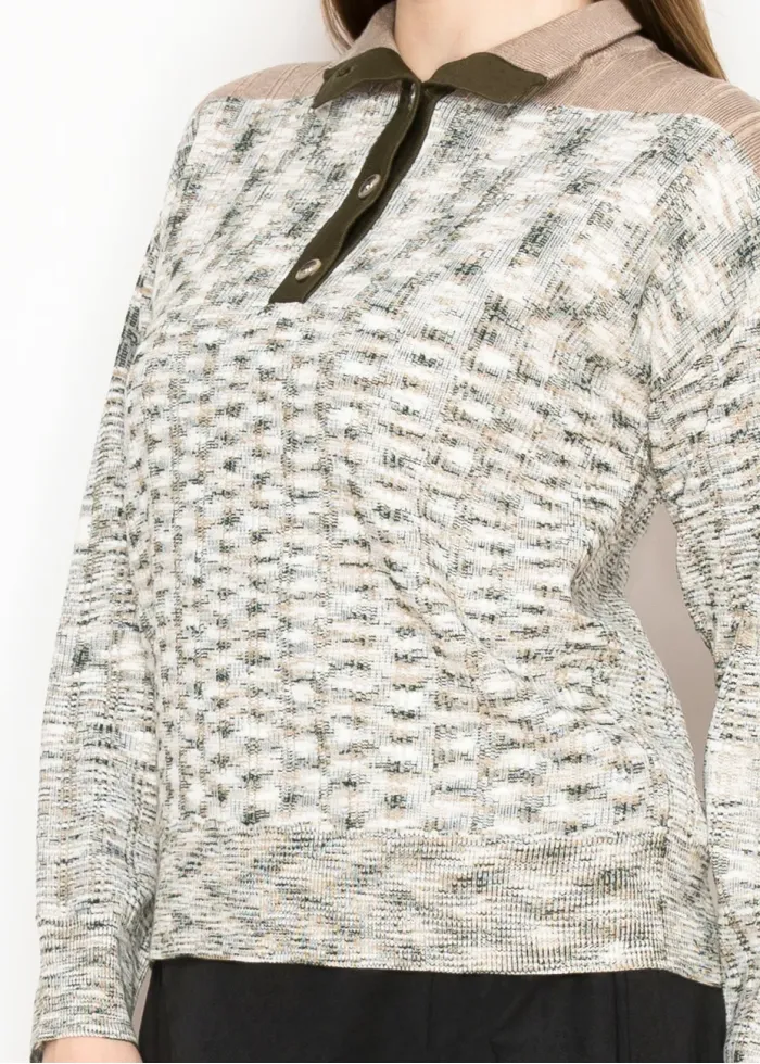 Olive Knit Polo Sweater with Button Placket