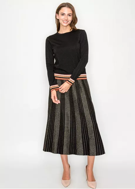 Black Metallic Knit Sweater with Striped Hem