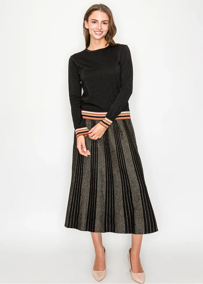 Black Metallic Knit Sweater with Striped Hem