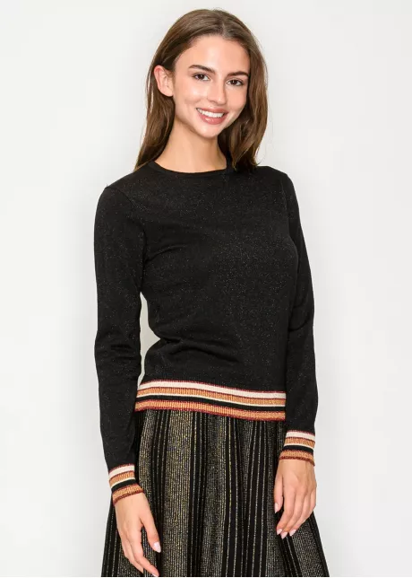Black Metallic Knit Sweater with Striped Hem